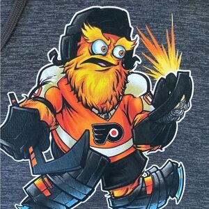 Grey hoody with front pocket pull over style with angry gritty flyers mascot